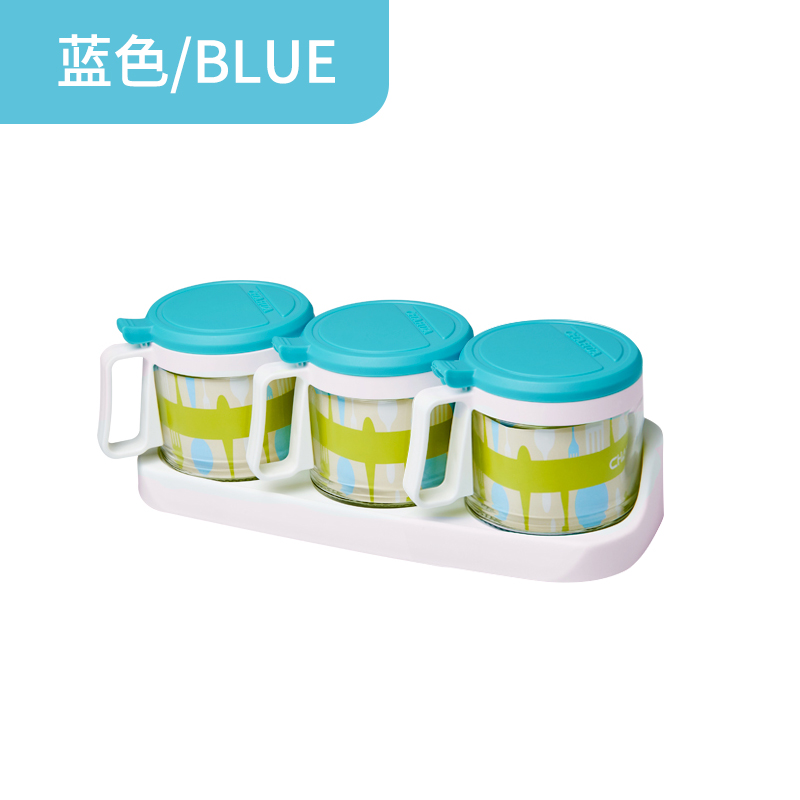 茶花厨房调料盒组合套装玻璃盐罐家用塑料调料瓶收纳盒小号调味罐 3组玻璃调味盒蓝色 默认尺寸