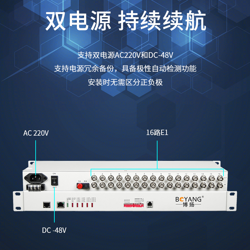 博扬 BY-P16E1 PDH光端机16路E1 16路2M光端机 光纤收发器 FC单纤20公里 机架式 双电源