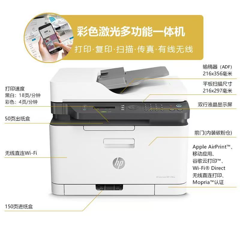 [HP]惠普179fnw彩色激光打印复印扫描传真一体机家用办公A4无线-套餐2:标配+加粉黑彩硒鼓2套8个+碳粉8支高清大图