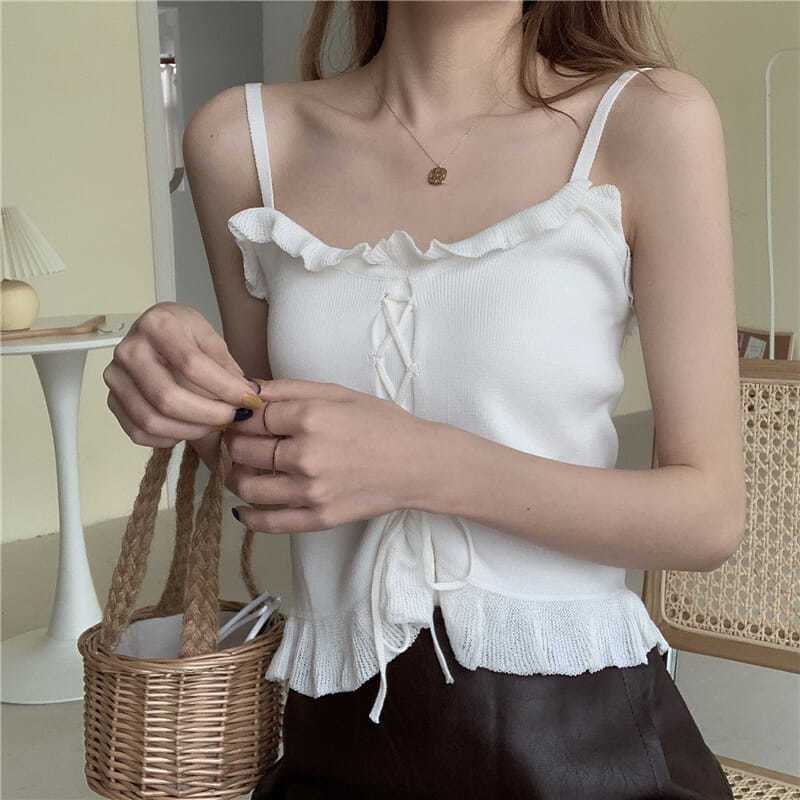 小清新百搭显瘦抽绳木耳边外穿内搭吊带背心女潮h黄色均码>800_800