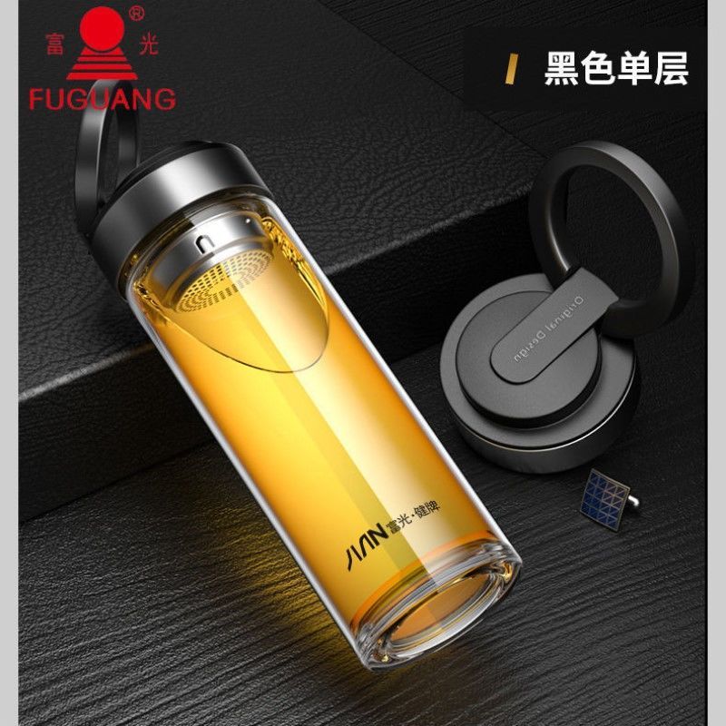 富光高硼硅单层玻璃杯带滤网G1613大容量泡茶彩色盖水杯定制印字 单层提环带网黑440毫升 裸杯单只