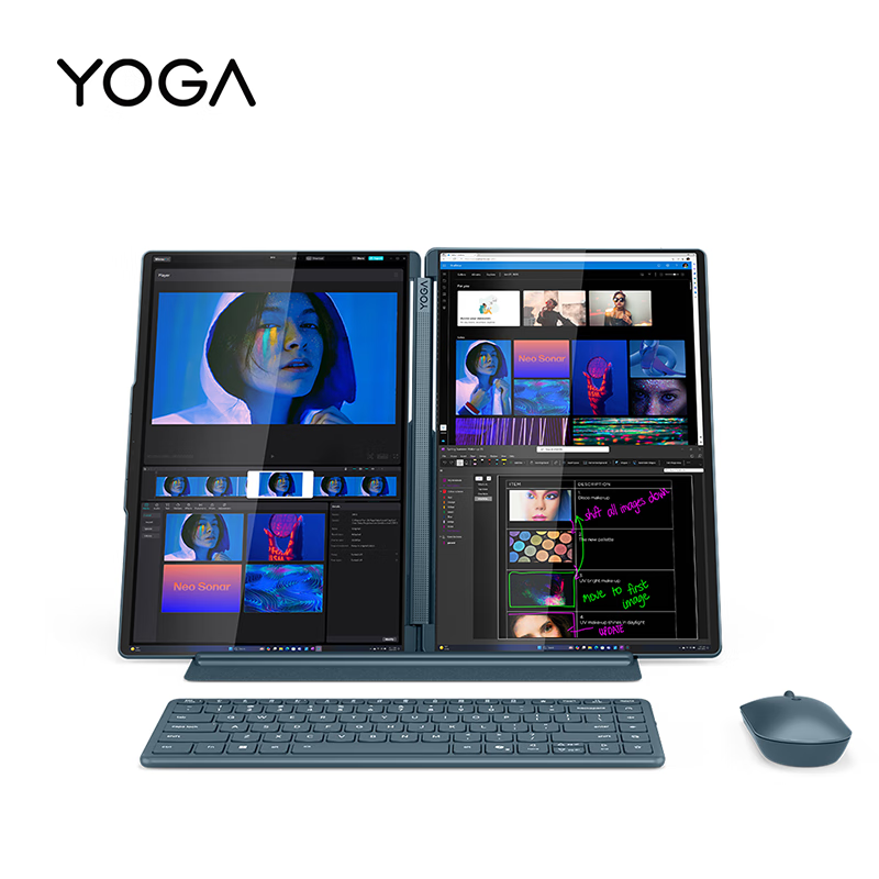 联想(Lenovo)YOGABook9i AI元启 14英寸双屏翻转触控屏笔记本电脑 2代酷睿Ultra9-285H 32G 1T 2.8K OLED 键盘 笔 支架)雾海蓝高清大图