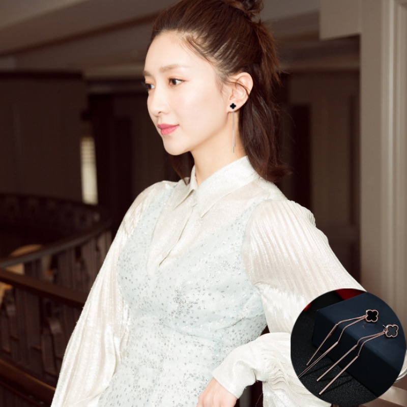 四叶纯银耳钉女韩国气质长款流苏耳环时尚个性百搭简约耳坠耳线送女朋友老婆生日礼物送女朋友七夕情人节礼物