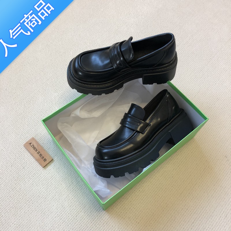SUNTEK厚底乐福鞋增高皮鞋女防水台韩版松糕底日常英伦圆头复古JK单鞋