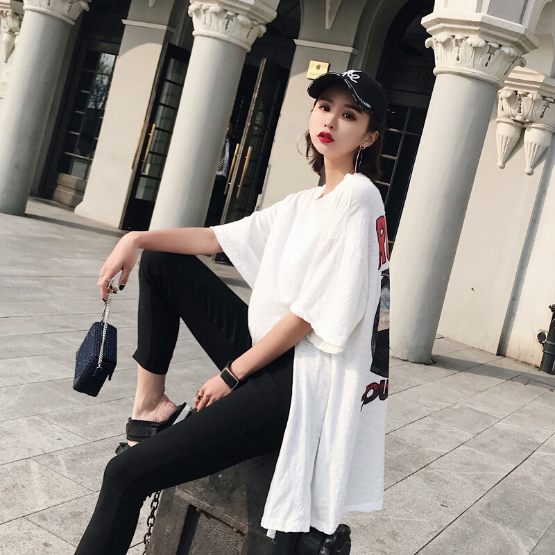 夏装2018新款女短袖中长款开叉宽松休闲T恤下衣失踪印花上衣大码4.30前加购找客服领券减20元均码