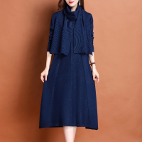 配围巾2024春秋新款羊绒衫女装高个子长款过膝毛衣春秋大码打底羊毛针织连衣裙高端羊毛衫女内搭针织羊绒连衣裙V领套头毛衣女 XL 深蓝