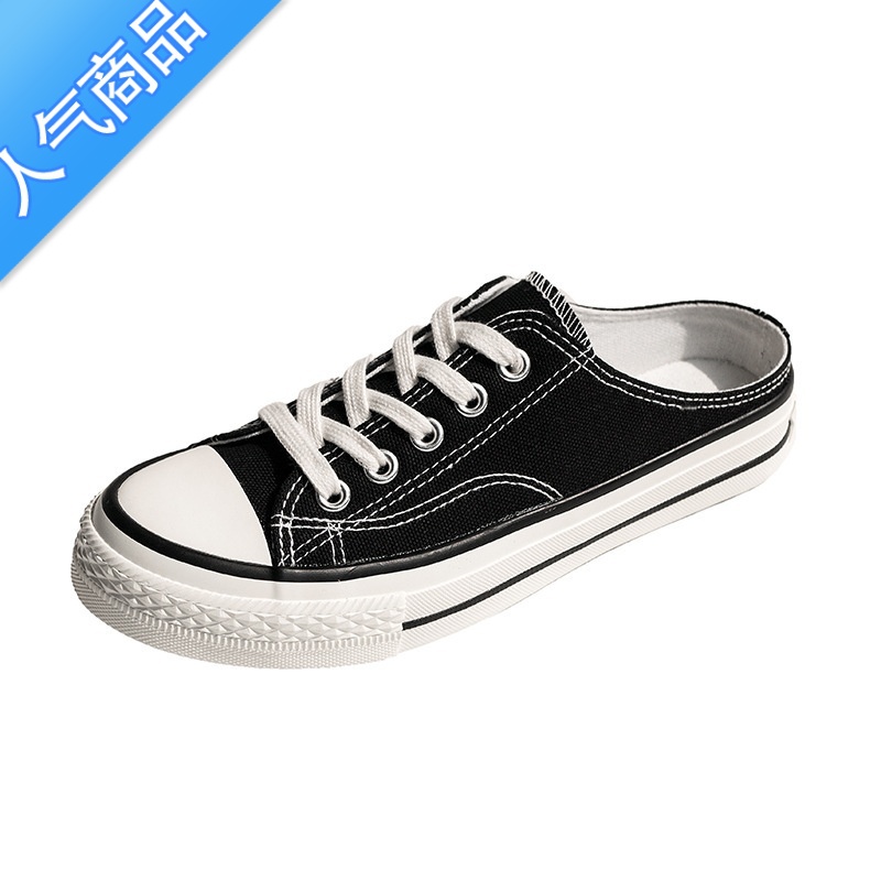 SUNTEK厚底帆布鞋女半拖鞋夏季2023新款一脚蹬ins懒人无后跟小白鞋拖鞋高清大图