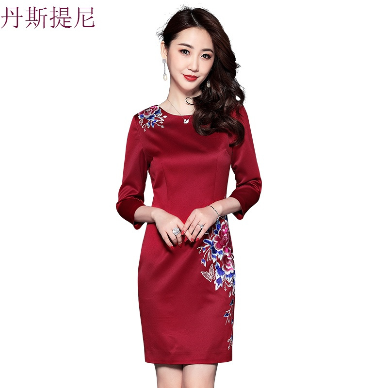 中年女秋装2018新款婚礼妈妈装连衣裙结婚宴会婆婆装婚庆礼服裙子