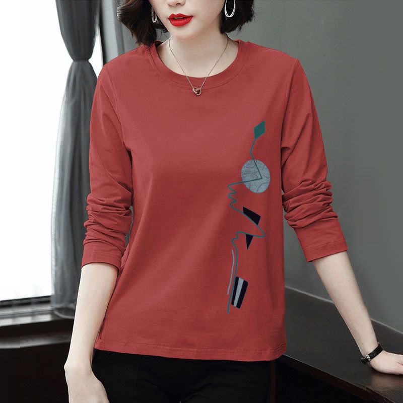 棉长袖t恤女秋装百搭宽松大码胖mm上衣体恤韩版印花t恤宽松
