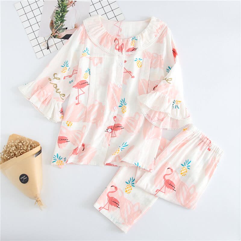 迪鲁奥(DILUAO)月子服春夏秋纯棉纱布七分袖产妇产后哺乳期喂奶睡衣孕妇宽松大码图片