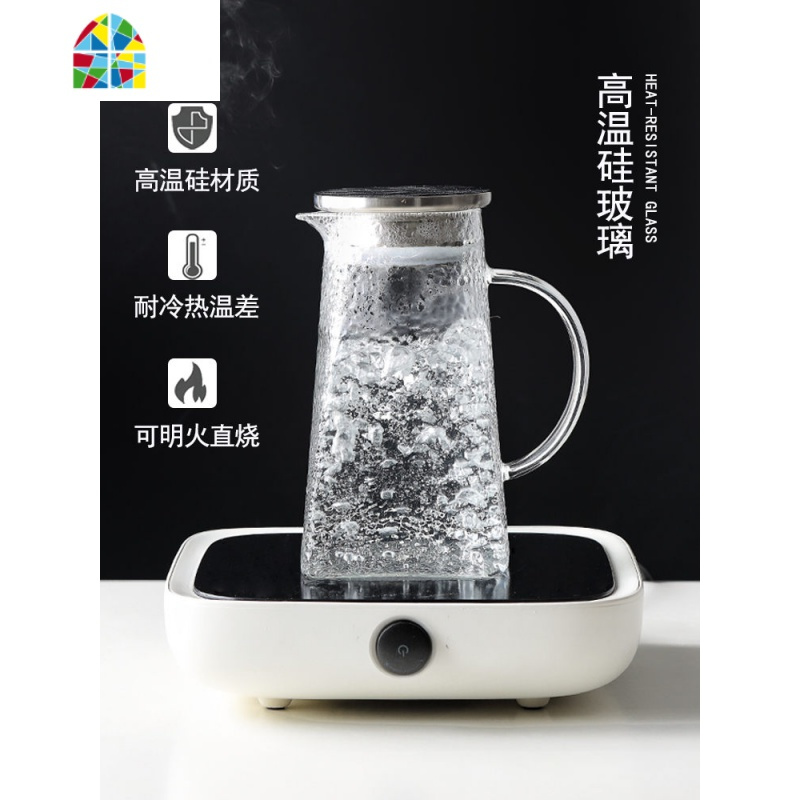 封后日式大容量冷水壶锤纹玻璃水壶防爆耐热凉白开凉水壶茶壶托盘套装 FE [锤纹]一壶6杯+胡桃木八角盘30.5*30.5