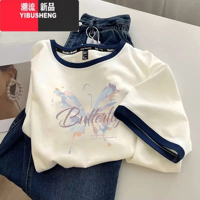 YIBUSHENG短袖t恤女2024季新款撞色拼接设计韩版可爱多巴胺少女体恤 奶油藏青边-G1948 M建议99-110斤