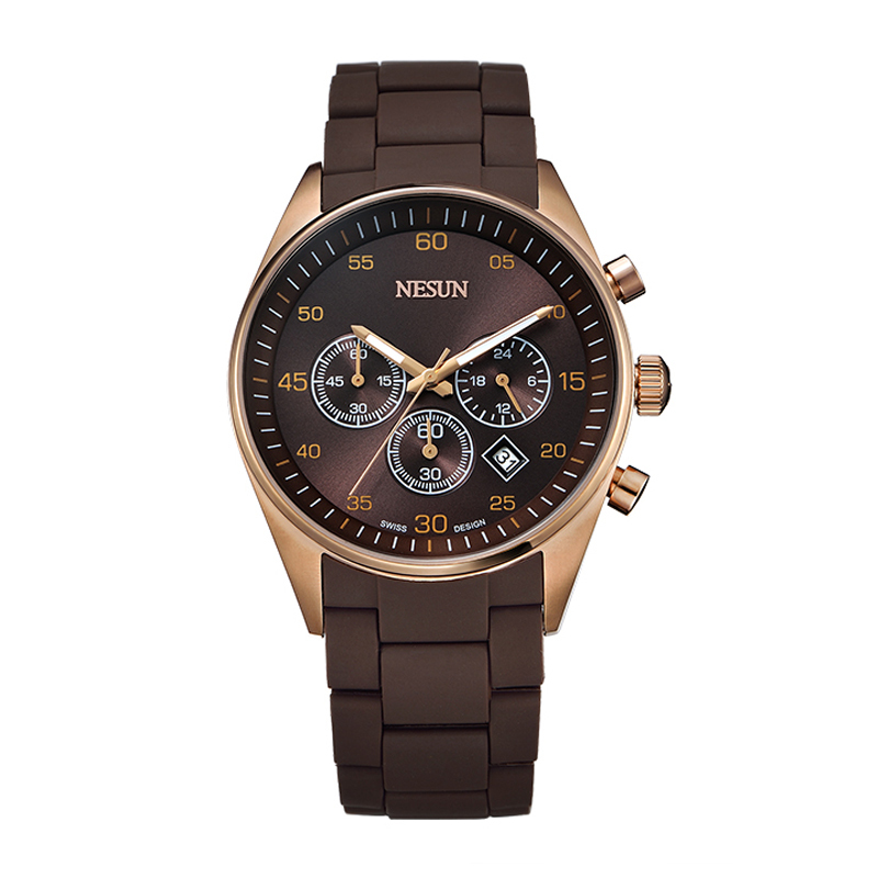nesun尼尚多功能三眼计时日历男士手表胶包钢防水商务休闲石英表mn