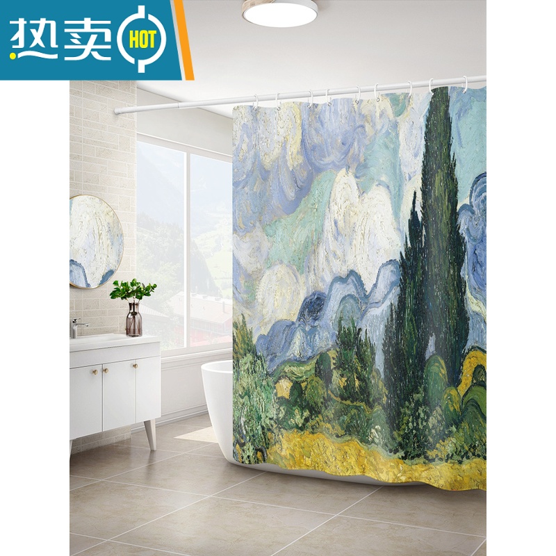 敬平梵高油画浴帘免打孔套装洗澡遮挡帘淋浴帘子厕所隔断帘沐浴防水布 油画1FGB 200*200浴帘+挂环