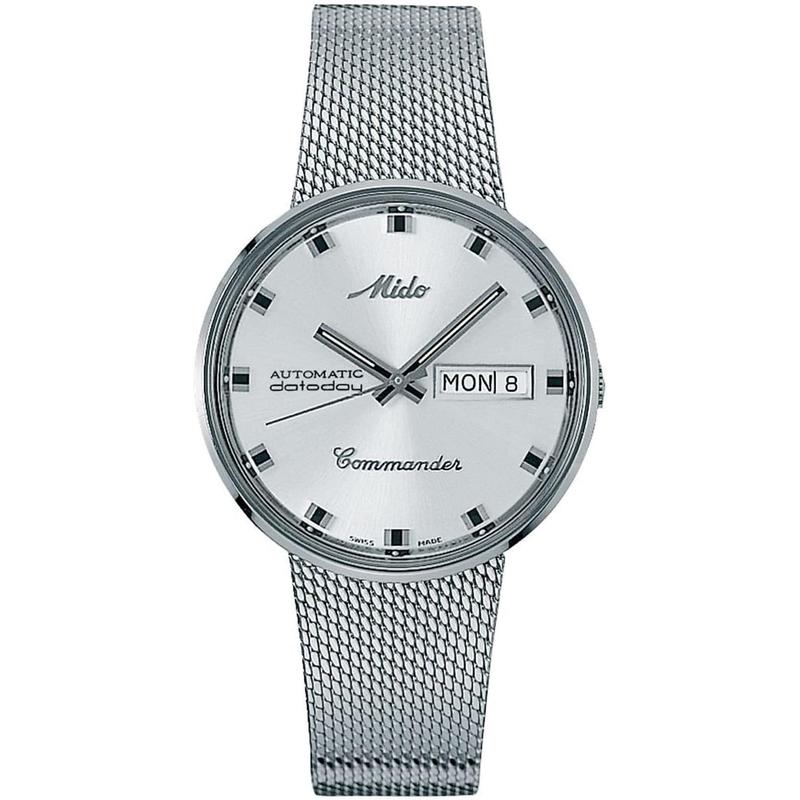 Mido瑞士男表Commander1959经典现代银色圆盘双历编织钢带自动机芯高清大图