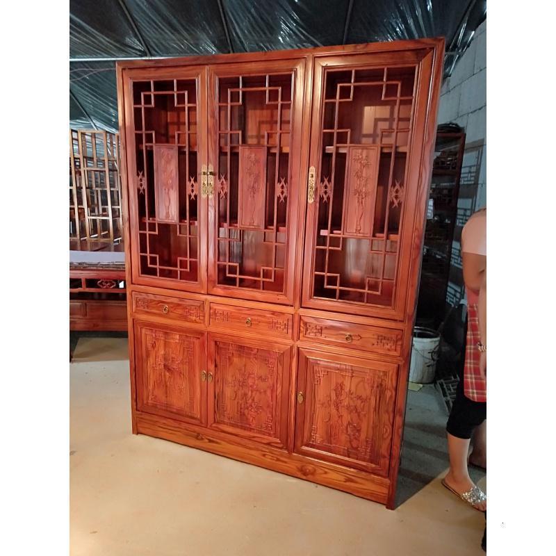 森美人实木书柜原木全实木带中式仿古榆木花玻璃书橱储物展示柜书架 1.5米三门书柜买家运费到付0.8-1米宽