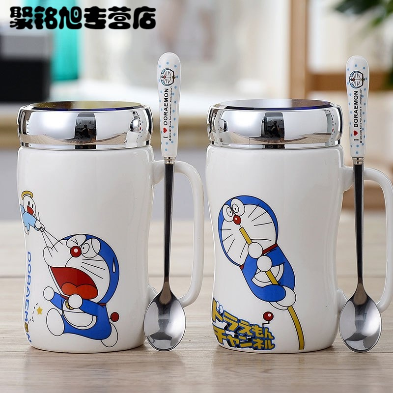 450ML时尚创意生活日用水具水杯卡通可爱创意马克杯陶瓷杯子带盖带勺大容量办公情侣水杯杯子家家庭杯子