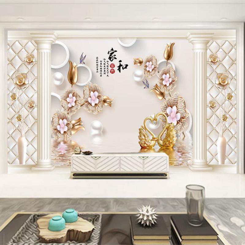 新款电视墙背景墙画自粘8d立体墙贴罗马柱带边框客厅无缝墙布贴画a款