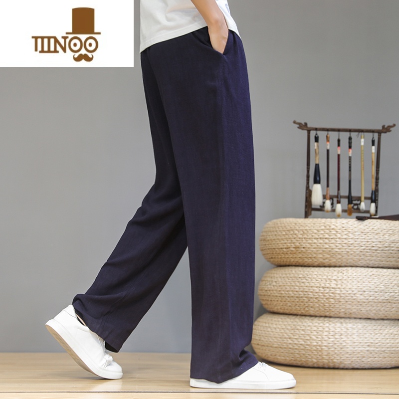YANXU棉麻休闲裤男中国风夏季薄款宽松直筒阔腿裤亚麻透气休闲日系长裤高清大图