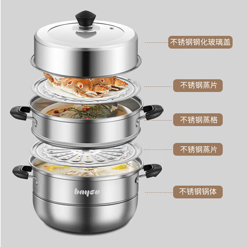 拜格(BAYCO)蒸锅不锈钢28CM三层加厚大容量家用汤锅蒸馍馒头包子蒸笼 BG1730高清大图