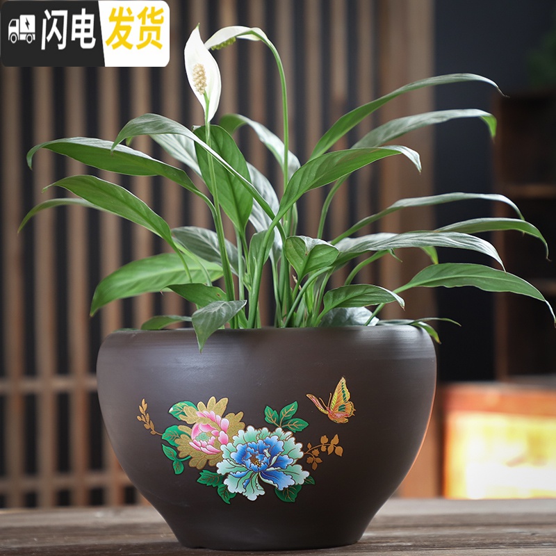 三维工匠紫砂花盆陶瓷中等中国风带托盘创意绿萝个性多肉花盆 牡丹紫砂单个(送塑料托盘) 中等花盆容器高清大图