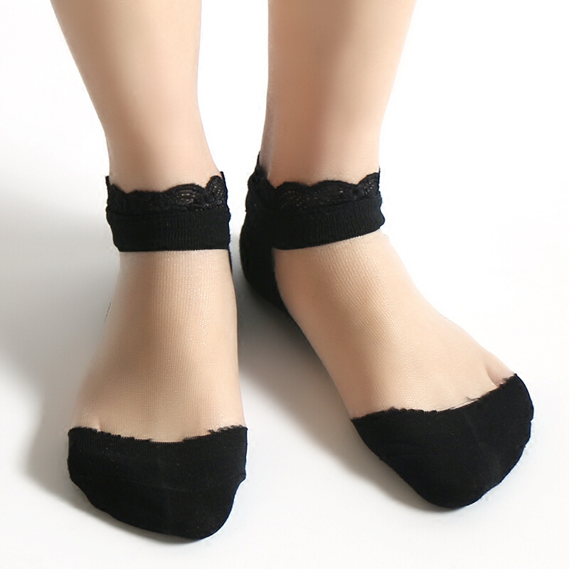 5双装防滑棉底丝袜短袜女蕾丝花边透明水晶袜玻璃丝黑色短筒袜子 黑色