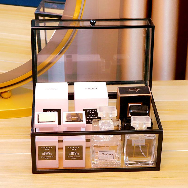 香水收纳盒防尘透明化妆品香水玻璃展示架梳妆台护肤品桌面收纳盒黑色