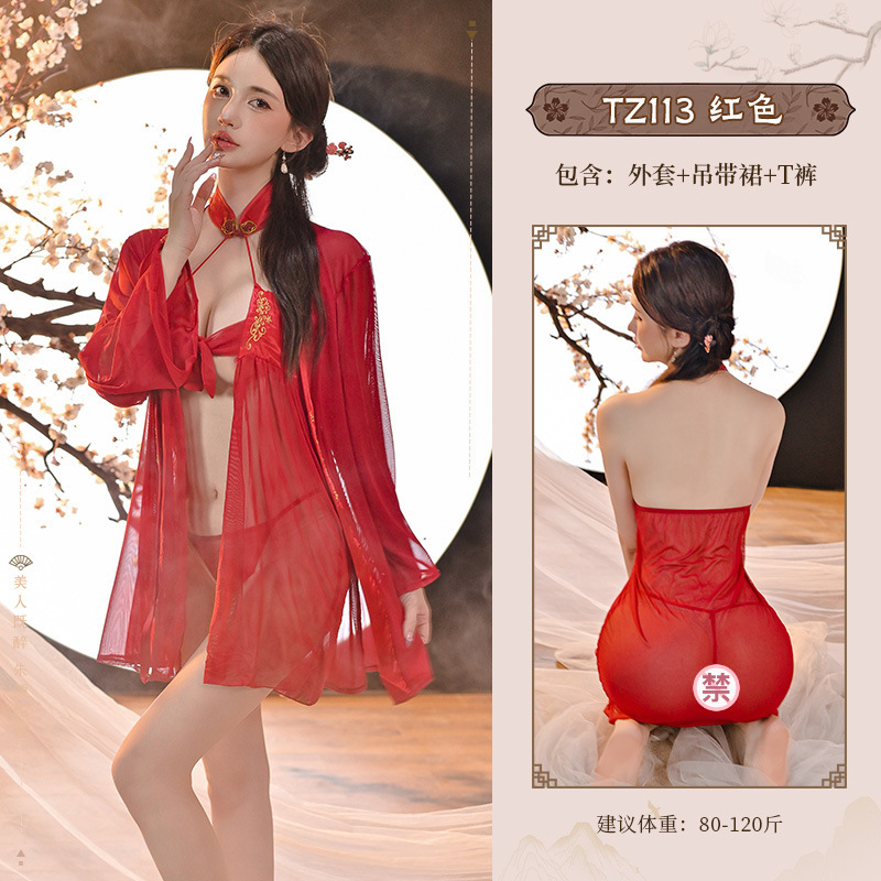 九里晴川性感古典诱惑睡衣透视肚兜汉服大码睡裙套装 九里晴川TZ113【挂脖古风套装-红】 均码