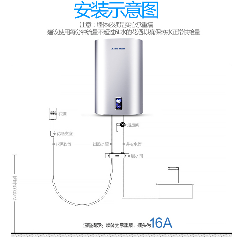 奥克斯(AUX)SMS-50A7电热水器 50升立式扁桶纤薄竖挂双胆储水式热水器速热旋钮空间款2级能效3000W带安装