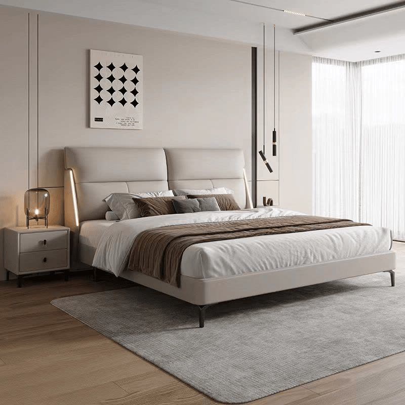 简臣意式橡胶木床全实木头层牛皮床主卧1.8米榫卯床板婚床双人床6242图片