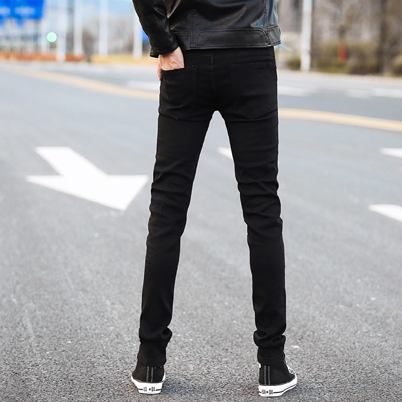 夏季黑色弹力牛仔裤男士韩版修身小脚裤潮牌弹力男装春秋款男裤子黑裤