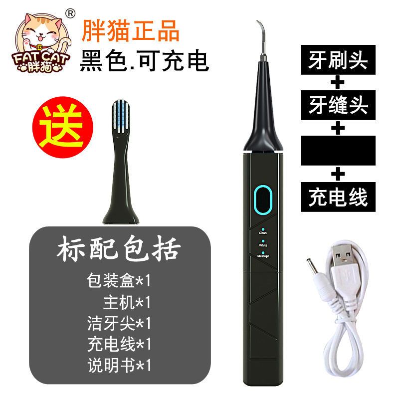 胖猫清洁牙结石去除器家用超声波洁牙器烟渍洗牙机电动牙刷牙神器 洁牙神器丨收藏丨优先发货 基础黑丨配尖头+刷头