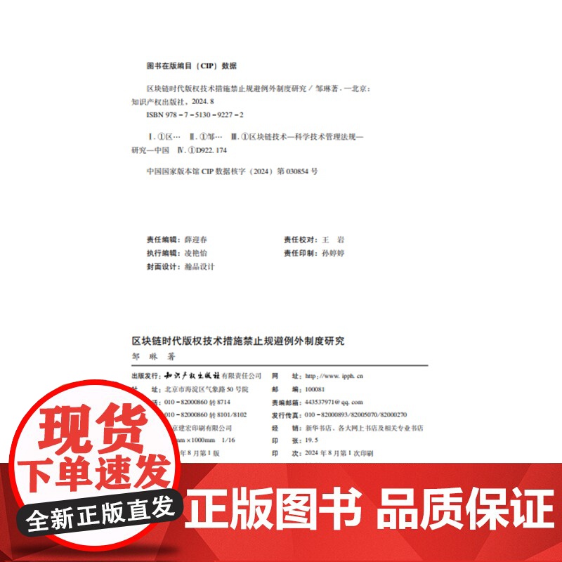 2024新书 区块链时代版权技术措施禁止规避例外制度研究 邹琳 著 知识产权出版社 9787513092272高清大图