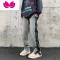 七斓牛仔裤男水洗高街宽松直筒休闲长裤重工拉链设计修身小脚裤子