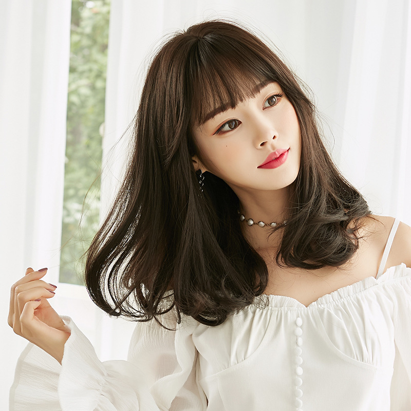 假发女自然逼真内扣蓬松卷发大波浪化纤假发头套|黑茶色45cm