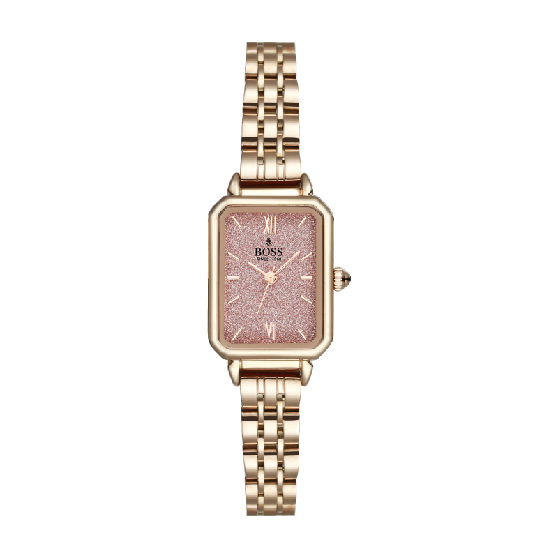boss时尚小巧方形玫金壳粉面玫金钢带女士石英腕表