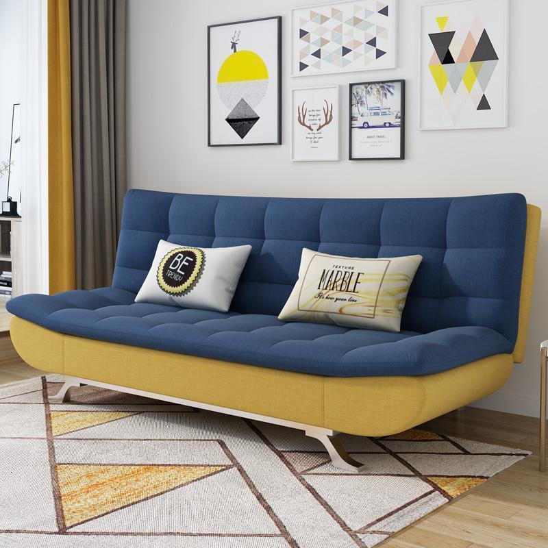 森美人沙发床可折叠客厅小户型双人坐卧两用多功能三人可睡觉沙发经济型 蓝黄七脚棉麻1.9*1.2 1.8米-2米