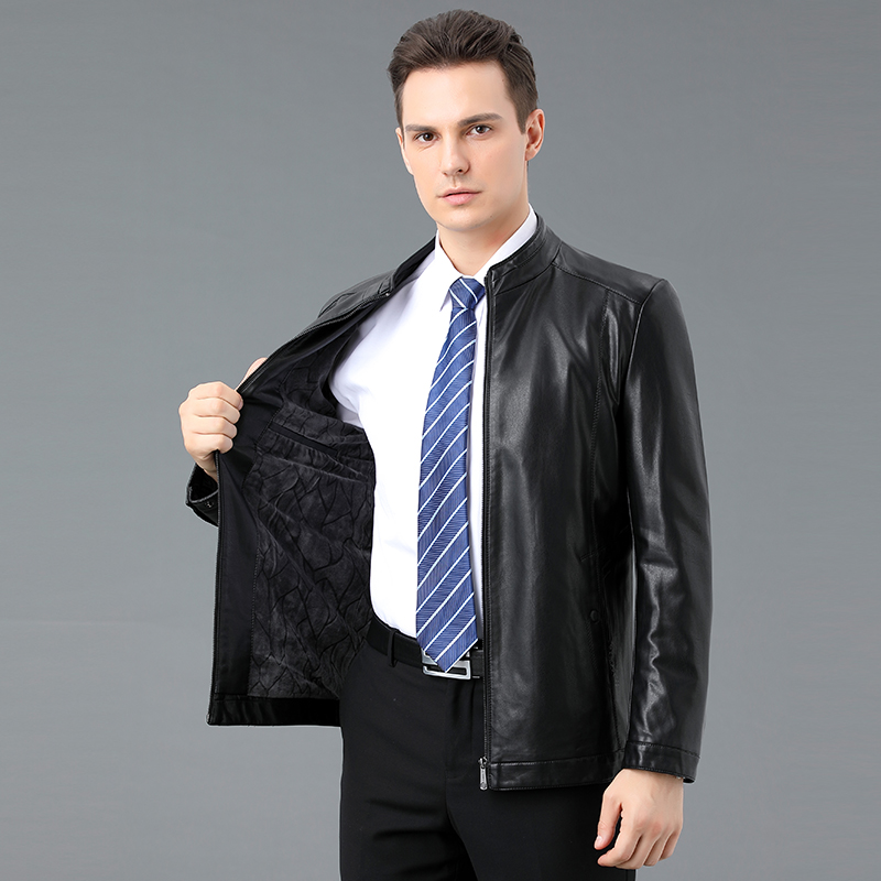 正品男装春秋季中年男皮衣皮夹克春秋外套加绒棒球领男装商务休闲上衣官方旗舰店特卖特卖高清大图