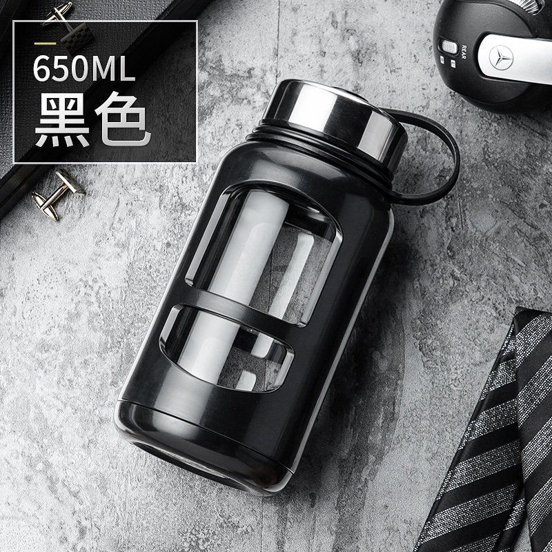 超大容量玻璃杯家用便携水杯男士带盖过滤茶水分离泡茶杯子1000ml 黑色650ml