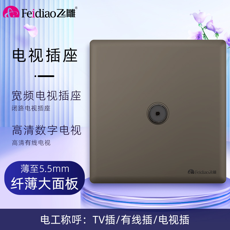 飞雕(FEIDIAO)超薄大板 开关插座格韵系列86型带开关插座面板墙壁电源插座 格韵荧光灰宽频电视插高清大图