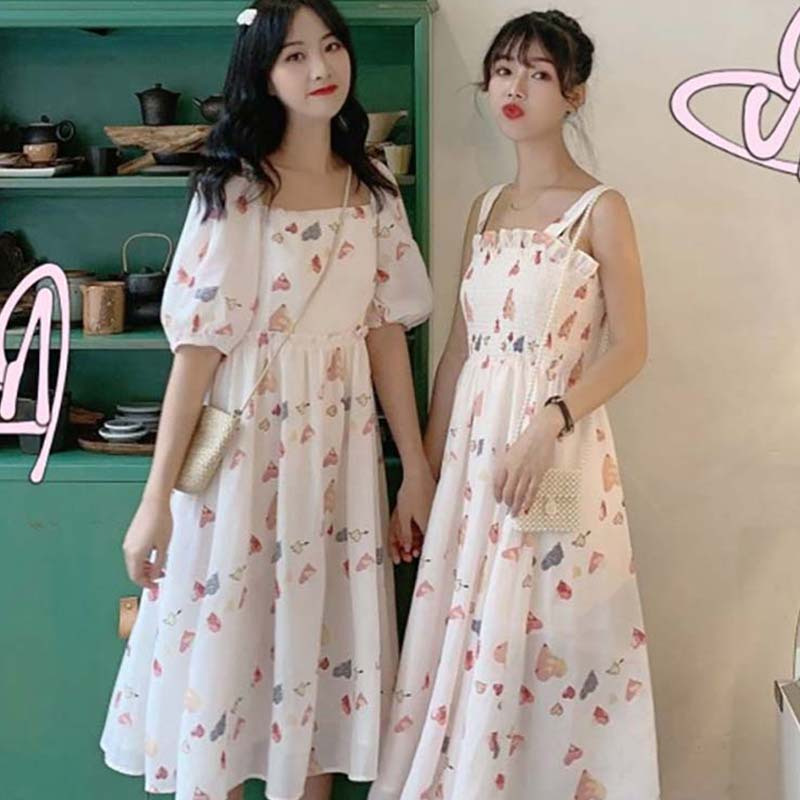 艳如飞法式吊带复古甜美仙女闺蜜套装裙姐妹装2人过膝收腰碎花连衣裙