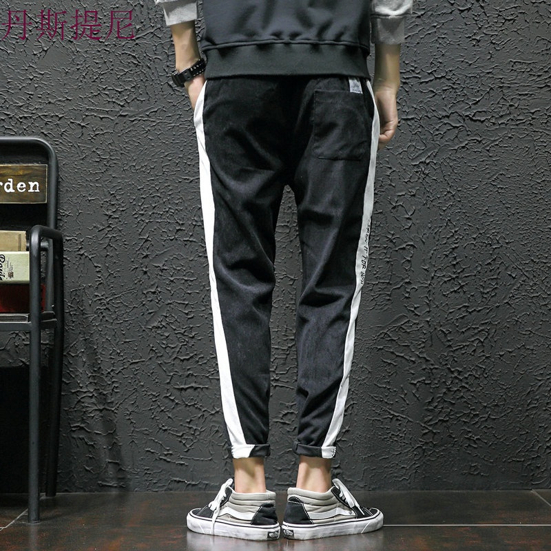 秋装男士刺绣灯芯绒休闲裤韩版大码收口小脚运动裤宽松哈伦裤子潮
