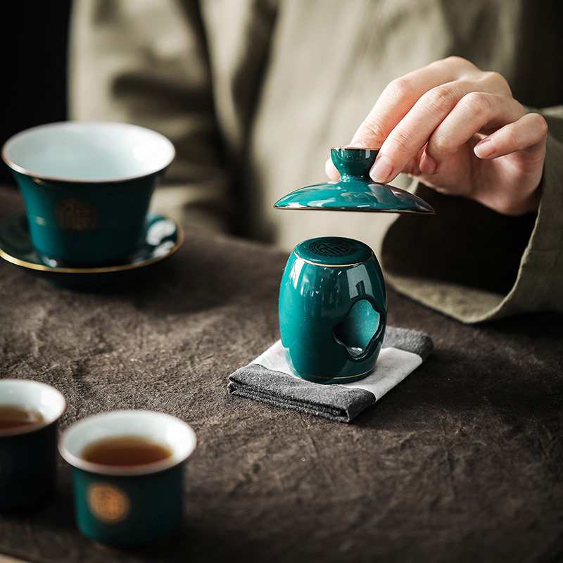 領藝 孔雀绿功夫茶具套装家用办公送礼高档皮盒中式陶瓷泡茶器 招财纳福孔雀绿13头皮盒礼盒装