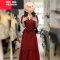 YIBUSHENG简单大方红色V领连衣裙子女装季2024新款小个子高级感收腰长裙