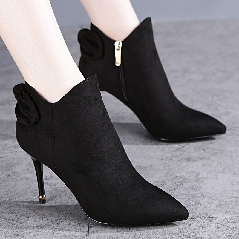 热卖2019秋冬季韩版性感黑色蝴蝶结加绒面短筒尖头高跟鞋细跟短靴女靴