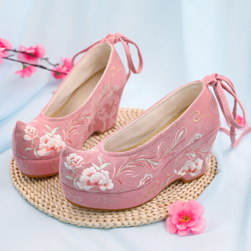 苏芈楼兰汉服鞋子女古风高跟绣花鞋珍珠翘头履增高弓鞋坡跟淡雅古装鞋