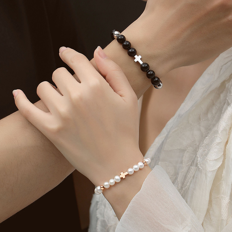 鑫铂尼925银黑曜石情侣串珠手链淡水珍珠十字手串七夕情人节送男女友