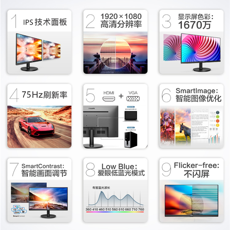 飞利浦271V8 27英寸 IPS技术屏广视角 Sync技术 低蓝光不闪屏 75Hz刷新率游戏电竞电脑显示器