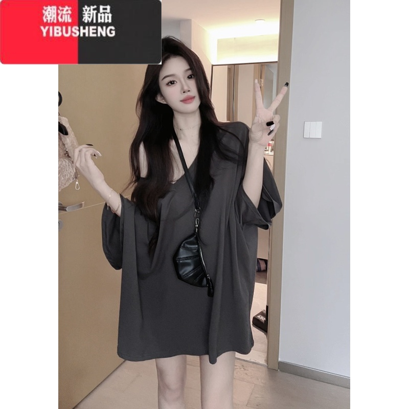 YIBUSHENG白色胖mm大码300斤落肩短袖T恤女季宽松慵懒风梨形身材连衣裙子