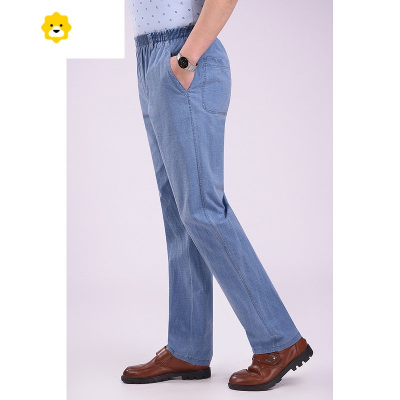 fish basket夏季爸爸亚麻长裤男裤 中老年松紧腰超薄裤高腰宽松深档